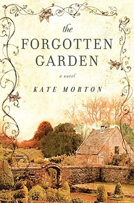 Book cover with gray text reading "The Forgotten Garden" by Kate Morton, featuring a sepia-toned garden landscape with a cottage