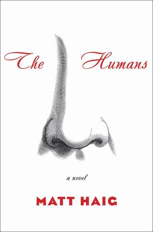 Book cover with red text reading "The Humans" by Matt Haig, featuring a sketch of a nose against a white background
