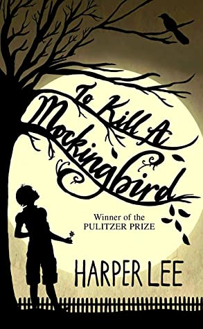 Book cover with black text reading "To Kill a Mockingbird" by Harper Lee, featuring a silhouette of a girl looking up toward a tree against a large moon
