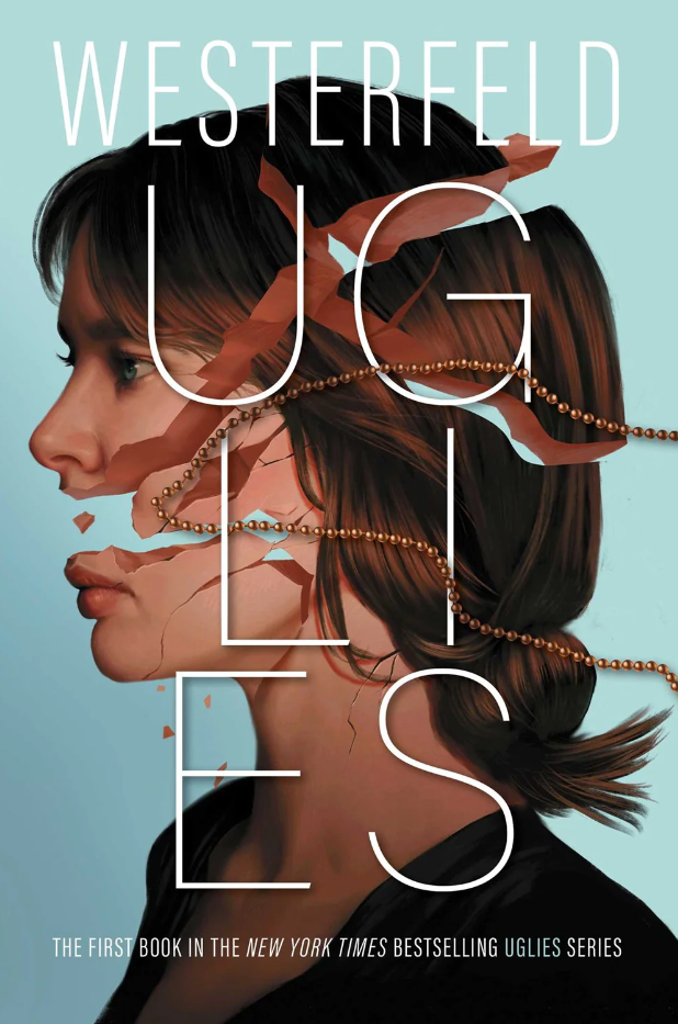 An image of a young woman's face split artfully against a blue background with the title "Uglies" in the foreground..