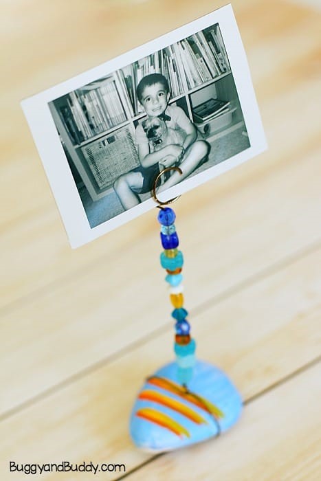 Using a painted rock, pony beads, and wire - create a fun picture holder for a first day of school photo!