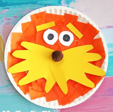 Paper plate, tissue and construction paper craft to create the Lorax Dr. Seuss character.