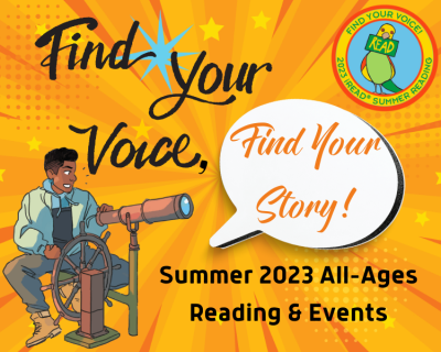 Find Your Voice, Find Your Story, Comic book style background and speech balloon, young Black man with ship's wheel and telescope