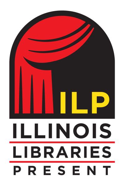 Red curtain pulled to right with text ILP, Illinois Libraries Present. Logo
