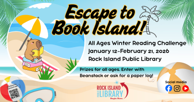 Escape to Book Island, cartoon of capybara reading a book under an umbrella on beach