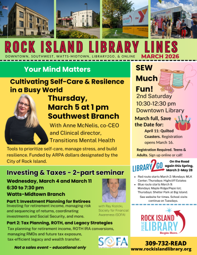 Front page of Rock Island Public Library newsletter, Library Lines 