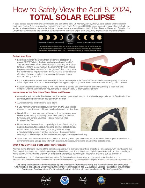 picture of attached flyer, How to Safely View the April 8 Total Solar Eclipse