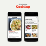 Graphic showing New York Times Cooking content on mobile screens