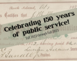 Banner reading "Celebrating 150 years of public service! Fall 2022 through Fall 2023" over image of official library founding certificate