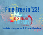 blue background with stylized fireworks and slogan Fine Free in '23! 