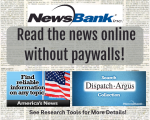 newspaper print background Newsbank logo with images for America's News and the Dispatch Argus collection, Read news without paywalls