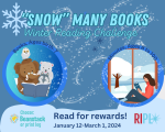 blue background with illustration of blowing snow, 2 illustrations of winter reading. Title Snow Many Books Winter Reading Challenge