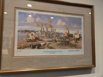 Framed print featuring steamboat in harbor