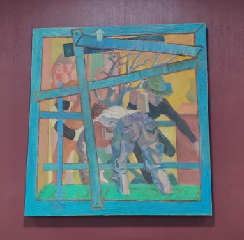Stylized painting of builders