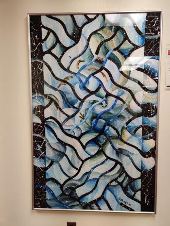 Painting with bold, wavy cross hatch pattern filled with blue