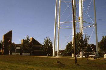 Original Southwest Library building in the shadow of a water tower