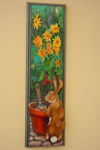 Tall, skinny painting of rabbit in a garden