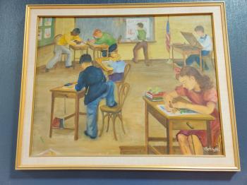 Painting of children drawing and painting in an art classroom