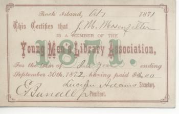 1871 private library card issued Young Men's Library Association of Rock Island