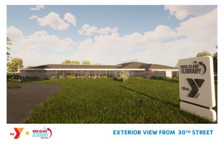 Architectural rendering of entrance sign and new building for Watts-Midtown branch