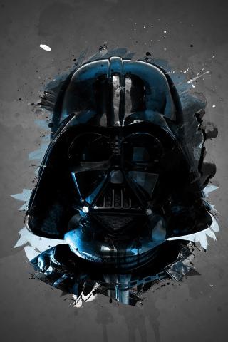 A painting of Darth Vader's helmet (black) with a gray background. 