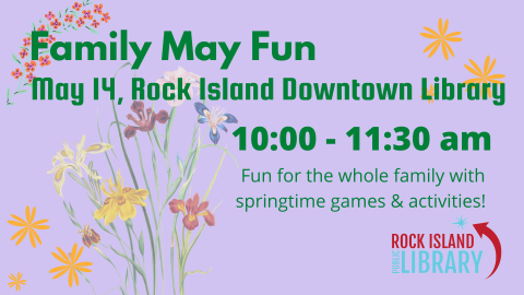 lilac background with flower illustrations Title Family May Fun 