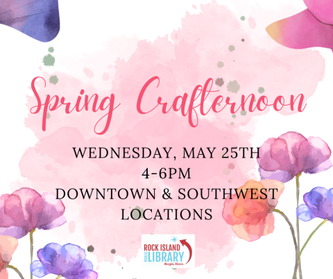 Program information for "Spring Crafternoon" on a pink background with several flowers along the border