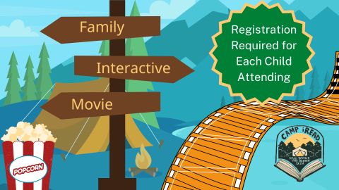 camp sign post in front of camping scene with illustrations of popcorn box and movie reel