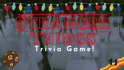 Outlined homage to Stranger Things title with elements from TV series - lab_ dungeons and dragons dice-holiday lights 