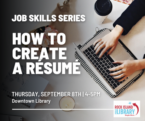 Program information for "How to Create a Resume" with a laptop, laptop case, coffee cup, floral handbag, and candle in background
