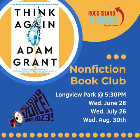 Blue and yellow square with book cover of "Think Again" by Adam Grant