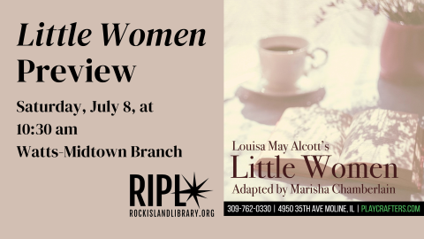 Little Women Preview poster image of cup and book with text Little Women, adapted by Marsha Chamberlin