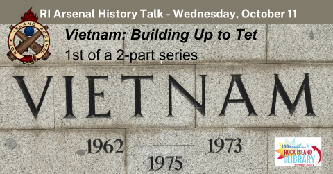 Wall with engraved word Vietnam and dates 1962 1975, RI Arsenal and Library logos, Oct. 11 talk