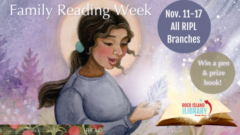 woman looking at feather with moon and garden flowers, title Family Reading Week 