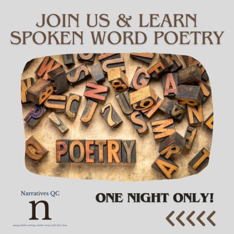 Learn spoken word poetry, jumbled type letters spelling poetry, Narratives logo 
