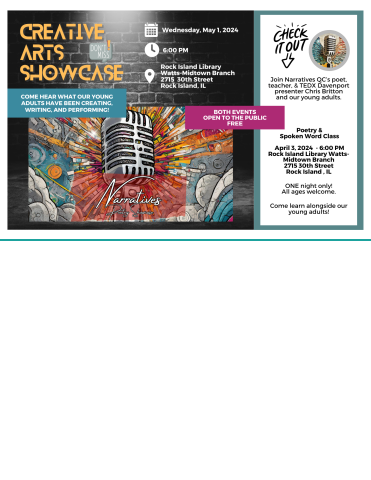 Colorful Spoken word showcase flyer containing details of the event listed in the text