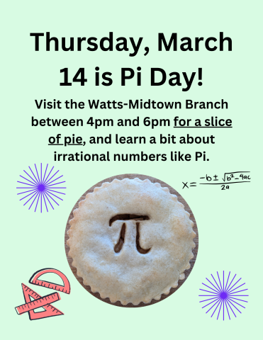 A pie with the pi symbol on it is surrounded by the quadratic formula, two blue shapes, and some red protractors, all on a light green background.