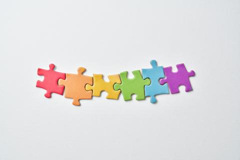 Puzzle pieces of different colors, from left to right: red, orange, yellow, green, blue, and purple, on a white background.