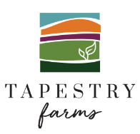 The Tapestry Farms logo is a square featuring a blue sky, orange and red hills, and green in the foreground with clipart of a plant sprouting.