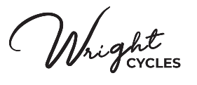 The Wright Cycles logo features the word in "Wright" in large black cursive letters, while "Cycles" is in all caps in a smaller font (also in black). Both words are on a white background.