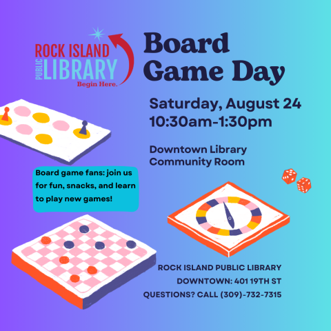 A blue and purple square with three generic board game images gives the details of this event.