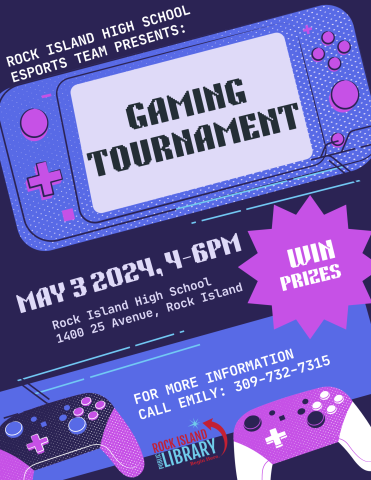 A purple flyer featuring gaming controller and console graphics gives the details of this event at Rock Island High School.