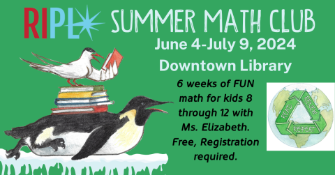 Penguin and sea gull with stack of books, Title RIPL Math Club