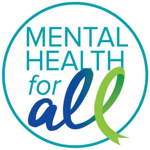 Blue circle with text "mental health for all" written inside in light blue, dark blue, and green