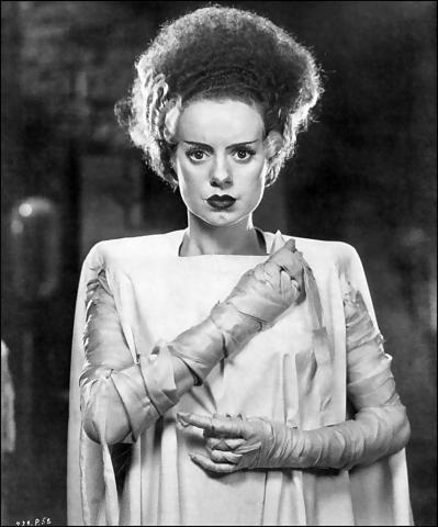A black and white image of Elsa Lanchester as the Bride of Frankenstein.