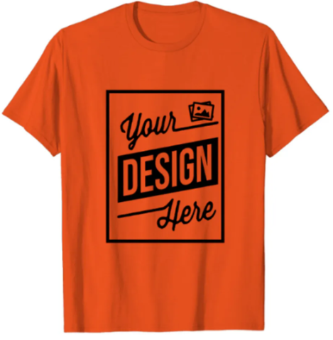 Orange t-shirt with imprint "Your Design Here" in black lettering