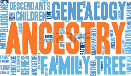 The word 'Ancestry' is highlighted with orange text on a mostly blue scripted background