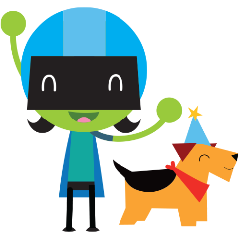 Blue robot with large helmet and brown dog with blue party hat. 
