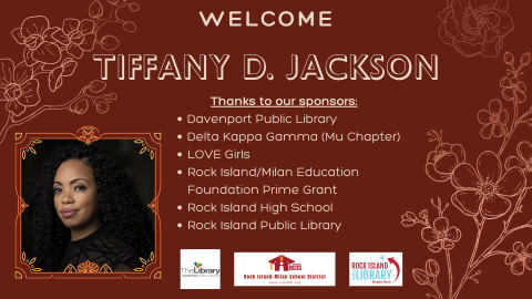 A burgundy slide featuring a photo of author Tiffany D. Jackson, and a list of sponsors who contributed to this event. 