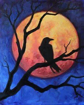 Image of raven sitting in a tree with a fall moon